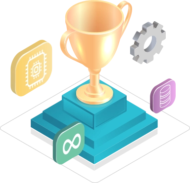 A trophy on a podium with different cloud-related icons.