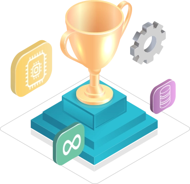 A trophy on a podium with different cloud-related icons.